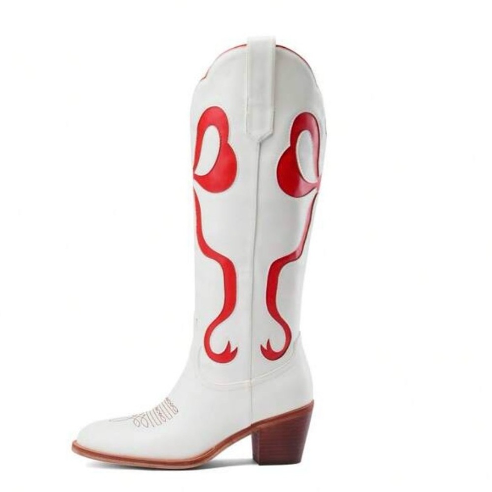 White & Red Women's Western Knee-High Boot